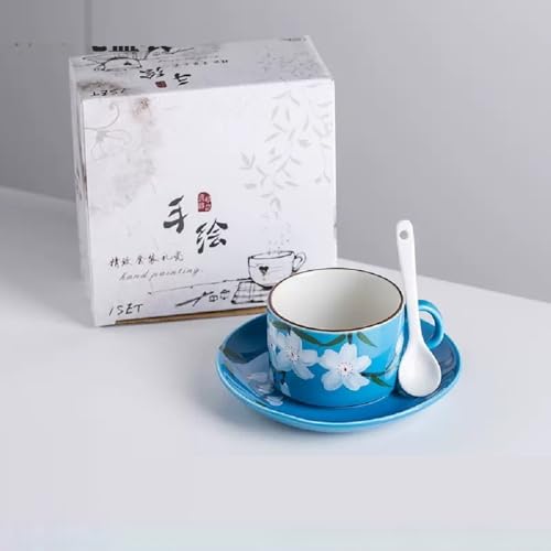 FülleMore Frühstückstasse mit Untertasse Niedliche Blumenmuster Kaffeetasse Teetasse 150ml Espressotasse mit Unterteller Mokkatasse Set Geschenk für Mädchen Mama Oma Freundin (Blau) von FülleMore