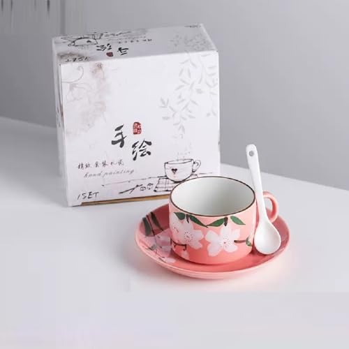 FülleMore Frühstückstasse mit Untertasse Niedliche Blumenmuster Kaffeetasse Teetasse 150ml Espressotasse mit Unterteller Mokkatasse Set Geschenk für Mädchen Mama Oma Freundin (Rosa) von FülleMore