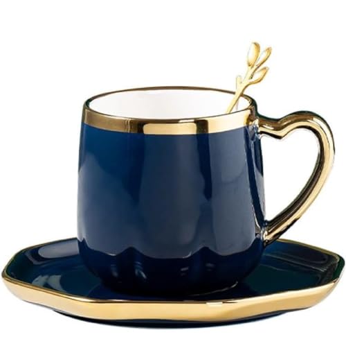 FülleMore Goldrand Keramiktasse mit Untertteller und Löffel 300ml Kaffeetasse Moderne Espressotasse mit Herzhenkel Kaffeeservice für Cappuccino,Latte,Espresso,Americano,Mokka,Tee (Blau) von FülleMore