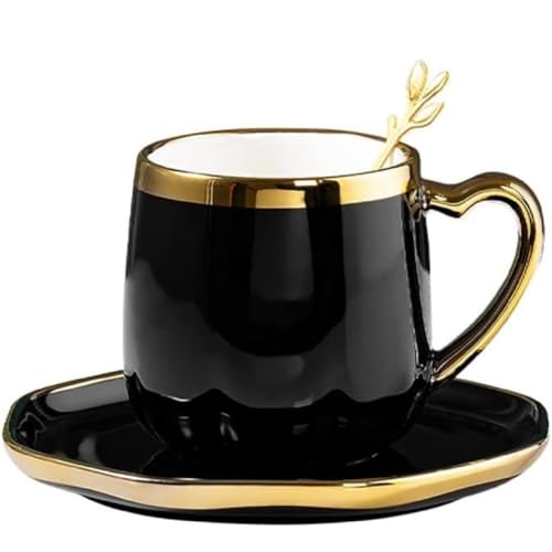 FülleMore Goldrand Keramiktasse mit Untertteller und Löffel 300ml Kaffeetasse Moderne Espressotasse mit Herzhenkel Kaffeeservice für Cappuccino,Latte,Espresso,Americano,Mokka,Tee (Schwarz) von FülleMore