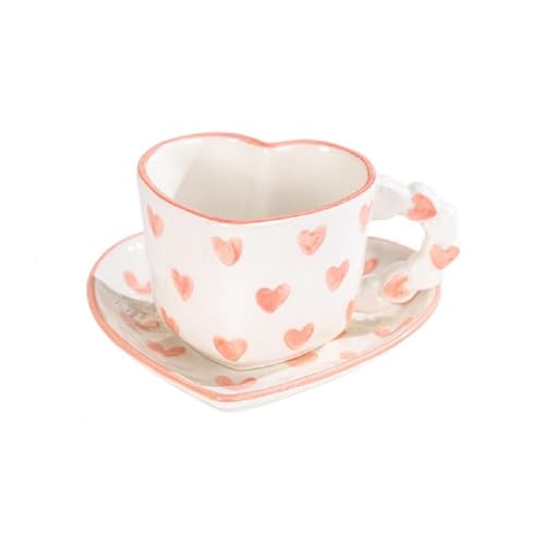 FülleMore Herz Form Kaffeetasse mit Untertasse Set Süße Herz Muster Espressotasse 250ml Cappuccino Tasse Nachmittagstasse Geschenk zum Weihnachten Geburtstag Valentinstag Jahrestag (Rosa) von FülleMore
