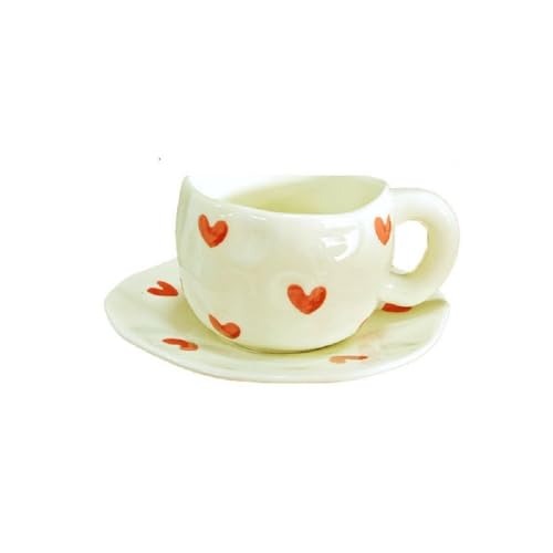FülleMore Herz Muster Kaffeetasse mit Untertasse Niedliche Frühstückstasse 250ml Teetasse mit Unterteller unregelmäßiges Design Espressotasse für Büro Zuhause (Beige-Herz) von FülleMore