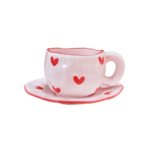 FülleMore Herz Muster Kaffeetasse mit Untertasse Niedliche Frühstückstasse 250ml Teetasse mit Unterteller unregelmäßiges Design Espressotasse für Büro Zuhause (Glasur-Rot-Herz) von FülleMore
