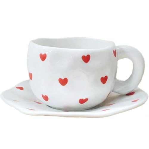 FülleMore Herz Muster Kaffeetasse mit Untertasse Niedliche Frühstückstasse 250ml Teetasse mit Unterteller unregelmäßiges Design Espressotasse für Büro Zuhause (Kleine-Herz) von FülleMore