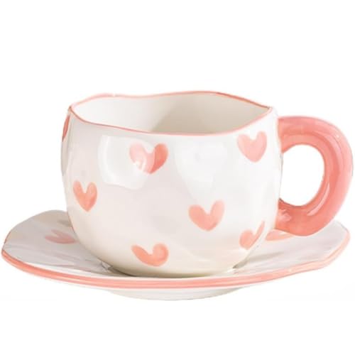 FülleMore Herz Muster Kaffeetasse mit Untertasse Niedliche Frühstückstasse 250ml Teetasse mit Unterteller unregelmäßiges Design Espressotasse für Büro Zuhause (Rosa-Herz) von FülleMore