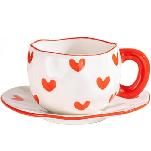FülleMore Herz Muster Kaffeetasse mit Untertasse Niedliche Frühstückstasse 250ml Teetasse mit Unterteller unregelmäßiges Design Espressotasse für Büro Zuhause (Rot-Herz) von FülleMore