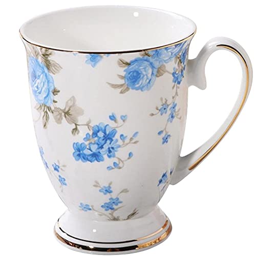 FülleMore Kaffeebecher Premium Porzellan Kaffeetasse Blumenmuster 300ml Trinkbecher mit Henkel Geschenk Keramiktasse für Tee Kaffee Milch Kakao Cappuccino Latte (Blau-Rosen) von FülleMore