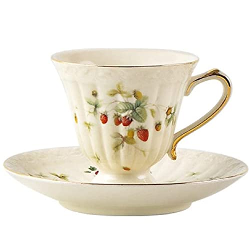 FülleMore Kaffeetasse Set Porzellan Espressotasse mit Untertasse 150ml Mokkatassen Cappuccino Tasse Nachmittagstasse mit Goldrand für Restaurant Familie (Erdbeere-Muster) von FülleMore