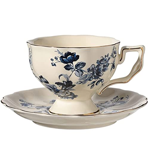 FülleMore Kaffeetasse mit Untertasse aus Keramik 250ml Espressotasse Rosen Blumen Muster Mokkatasse Cappuccinotasse für Heißgetränke Kaffee Tee (Blau) von FülleMore