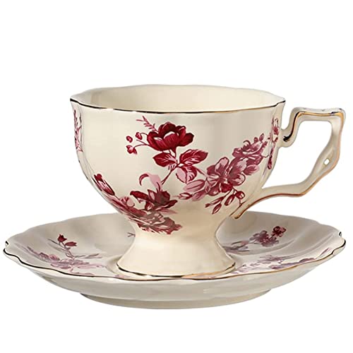 FülleMore Kaffeetasse mit Untertasse aus Keramik 250ml Espressotasse Rosen Blumen Muster Mokkatasse Cappuccinotasse für Heißgetränke Kaffee Tee (Rot) von FülleMore