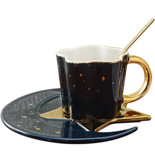 FülleMore Kaffeetasse mit Untertasse und Löffel Set Süß Stern Mond Teetasse Europäische Espressotasse 120ml Cappuccino Tasse Mochatasse Valentinstag Weihnachten Geburtstag Geschenk (Blau) von FülleMore