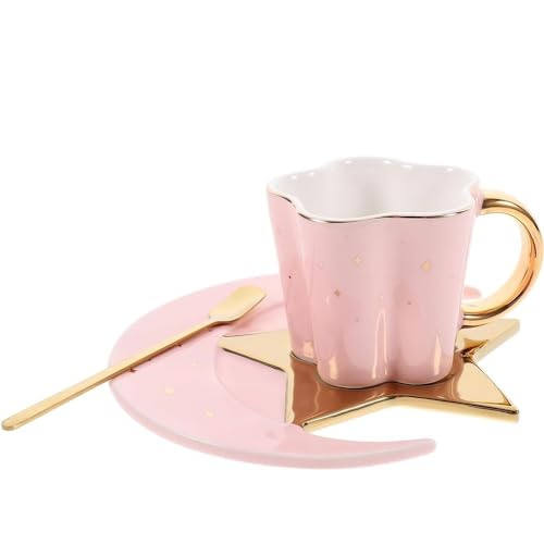 FülleMore Kaffeetasse mit Untertasse und Löffel Set Süß Stern Mond Teetasse Europäische Espressotasse 120ml Cappuccino Tasse Mochatasse Valentinstag Weihnachten Geburtstag Geschenk (Rosa) von FülleMore