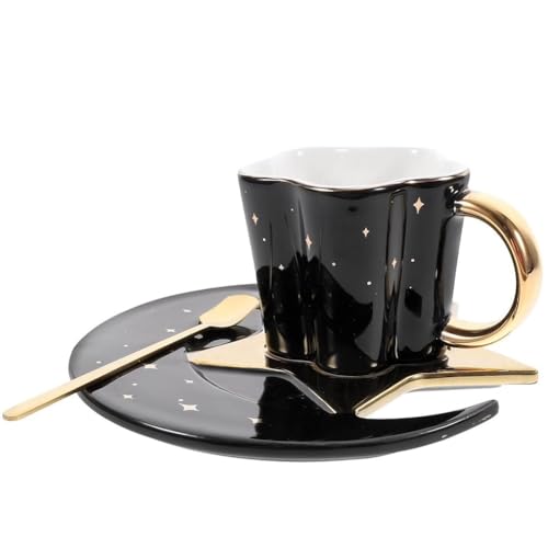 FülleMore Kaffeetasse mit Untertasse und Löffel Set Süß Stern Mond Teetasse Europäische Espressotasse 120ml Cappuccino Tasse Mochatasse Valentinstag Weihnachten Geburtstag Geschenk (Schwarz) von FülleMore