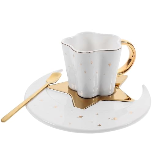 FülleMore Kaffeetasse mit Untertasse und Löffel Set Süß Stern Mond Teetasse Europäische Espressotasse 120ml Cappuccino Tasse Mochatasse Valentinstag Weihnachten Geburtstag Geschenk (Weiß) von FülleMore