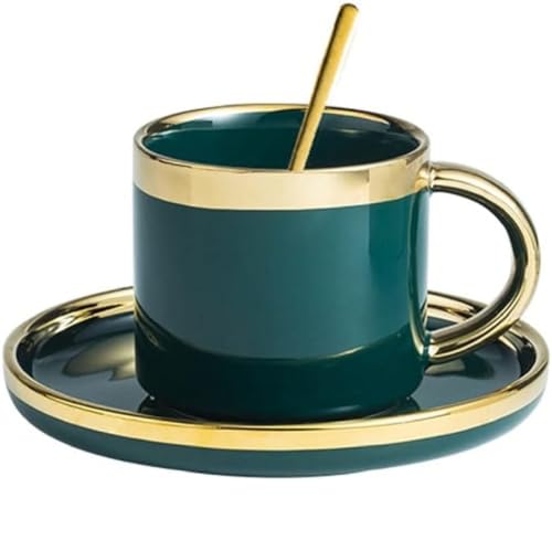 FülleMore Kaffeetasse mit Unterteller Keramiktasse Cappuccino Tasse mit Goldrand 240ml Porzellanbecher Espressotasse mit Löffel Teetasse für Geburtstag Weihnachten Hochzeit (Grün) von FülleMore