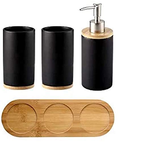 FülleMore Keramik Badzubehörset Bad Accessoires Set mit Bambus Tablett Badzubehör Set,Seifenspender,2xZahnputzbecher für Bad Dusche Küche Waschbecken (Schwarz) von FülleMore