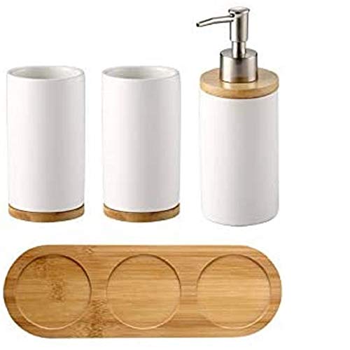 FülleMore Keramik Badzubehörset Bad Accessoires Set mit Bambus Tablett Badzubehör Set,Seifenspender,2xZahnputzbecher für Bad Dusche Küche Waschbecken (Weiß) von FülleMore