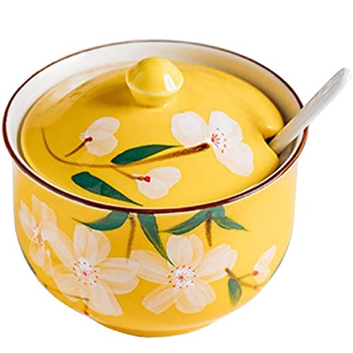 FülleMore Keramik Gewürzdose Gewürzgläser 300ml Zuckerdose mit Deckel und Löffel süße Blumenmuster Salztopf Aufbewahrungsdose für Küche Esstisch (Gelb) von FülleMore
