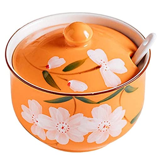 FülleMore Keramik Gewürzdose Gewürzgläser 300ml Zuckerdose mit Deckel und Löffel süße Blumenmuster Salztopf Aufbewahrungsdose für Küche Esstisch (Orange) von FülleMore