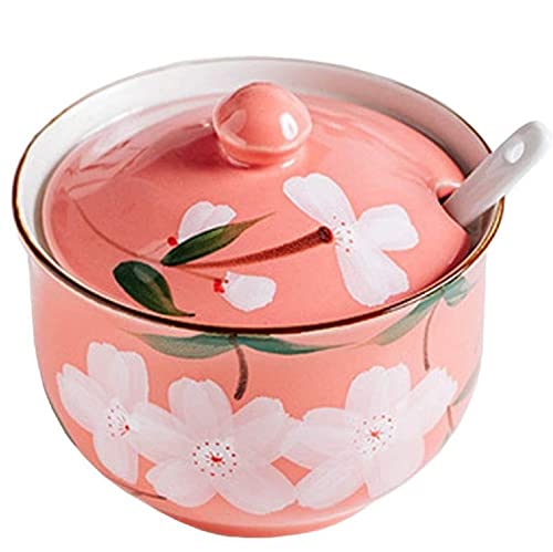 FülleMore Keramik Gewürzdose Gewürzgläser 300ml Zuckerdose mit Deckel und Löffel süße Blumenmuster Salztopf Aufbewahrungsdose für Küche Esstisch (Rosa) von FülleMore