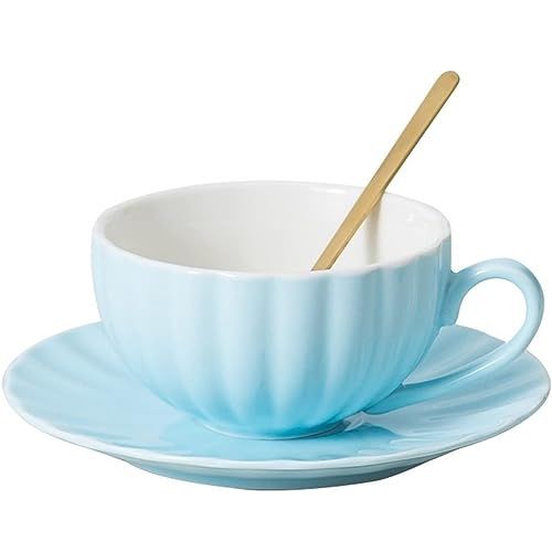 FülleMore Keramik Kaffeebecher Set,230ml Cappuccinotassen Set,Kaffeetasse mit Untertasse und Löffel Porzellantasse Kaffeeservice Espressotasse für Café Zuhause Büro Party Hochzeit (Hellbalu) von FülleMore