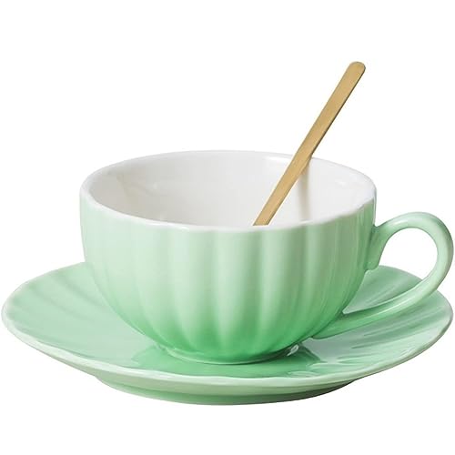 FülleMore Keramik Kaffeebecher Set,230ml Cappuccinotassen Set,Kaffeetasse mit Untertasse und Löffel Porzellantasse Kaffeeservice Espressotasse für Café Zuhause Büro Party Hochzeit (Hellgrün) von FülleMore