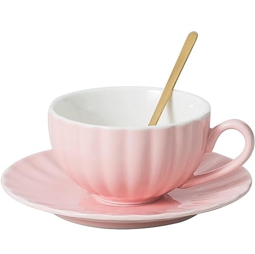 FülleMore Keramik Kaffeebecher Set,230ml Cappuccinotassen Set,Kaffeetasse mit Untertasse und Löffel Porzellantasse Kaffeeservice Espressotasse für Café Zuhause Büro Party Hochzeit (Rosa) von FülleMore