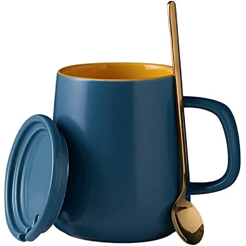 FülleMore Keramik Kaffeetassen Set Kaffeebecher mit Deckel und Löffel Teetasse Milchbecher 400ml Kakaobecher Geschenk für Geburtstag Muttertag Valentinstag Weihnachten (Blau+Gelb) von FülleMore