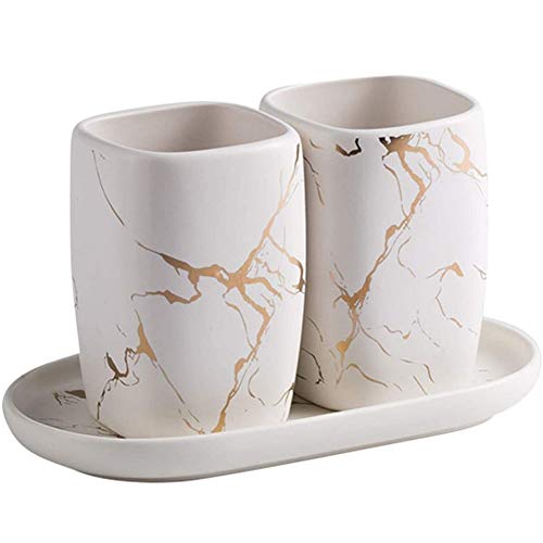 FülleMore Keramik Zahnputzbecher Set luxuriös Marmor Optik 3-teiliges Badezimmer Zubehörset 2er Zahnputzbecher mit Tablett Badzubehör Set (Weiß) von FülleMore