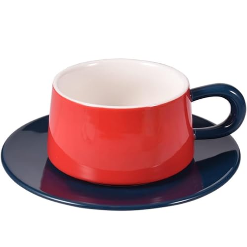 FülleMore Modern Keramiktasse Espressotasse mit Untertasse Set zweifarbige Kaffeetasse 250ml Porzellantasse Mokkatasse Kaffeeservice für Eiskaffee Latte Mokka Tee Milch Frühstück Café (Rot+Dunkelblau) von FülleMore