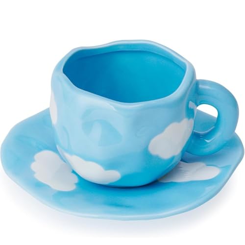 FülleMore Niedliche Kaffeetasse mit Untertasse 250ml Espressotasse Frühstückstasse Süße Teetasse Party Kaffeeservice Geschenk für Mama Oma Mädchen Freundin Kollegin (Hell-Blau) von FülleMore