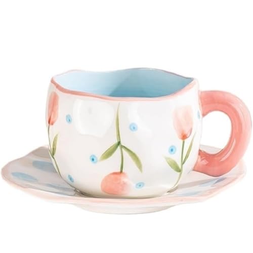 FülleMore Niedliche Kaffeetasse mit Untertasse 250ml Espressotasse Frühstückstasse Süße Teetasse Party Kaffeeservice Geschenk für Mama Oma Mädchen Freundin Kollegin (Rosa-Tulpe) von FülleMore