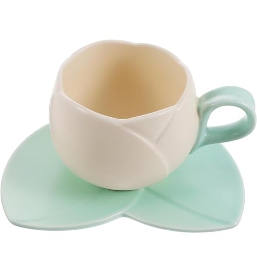 FülleMore Niedliche Tulpen Tasse mit Untertasse 280ml Porzellanbecher 3D Tulpenform Blumenform Keramiktasse für Frauen Mädchen Mama Freundin Geburtstag Valentinstag Muttertag (Beige) von FülleMore