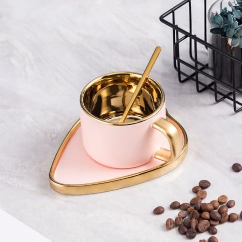 FülleMore Porzellan Cappuccinotasse mit Untertasse Goldrand Espressotasse 200ml Mokkatasse Kaffeetasse Set Kaffeeservice Set für Café Espresso Latte Mokka (Rosa) von FülleMore