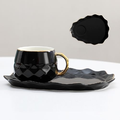 FülleMore Porzellan Espressotasse mit Löffel und 21.5x16cm dreieckiger Unterteller 220ml Kaffeetasse Cappuccino Tasse Goldrand Teetasse Mochatasse Geschenk für Frauen Mädchen Freundin (Schwarz) von FülleMore