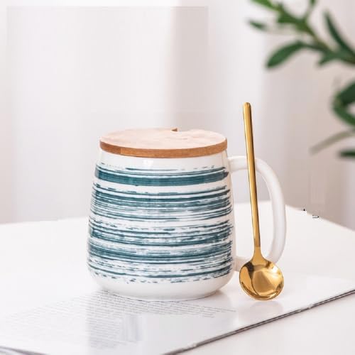 FülleMore Porzellan Kaffeebecher Kaffeetasse mit Löffel und Holzdeckel Modern Keramiktasse Bürotasse mit Henkel Milchbecher für Kakao Tee Müsli Cappuccino Latte (D) von FülleMore