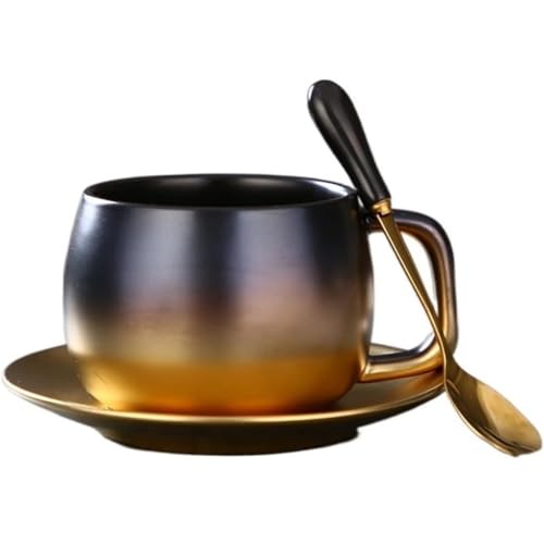 FülleMore Porzellan Kaffeetasse mit Untertasse und Löffel 280ml Teetasse Cappuccino Tasse Nachmittagstasse Keramikbecher für Tee Kaffee Esspresso Cappuccino Latte Mokka (Gold) von FülleMore