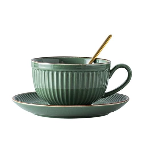 FülleMore Retro Keramik Teetasse Espressotassen mit Unterteller 280ml Kaffeetasse Cappuccino Tassen mit Löffel Teetasse Porzellanbecher Geschenktasse Set (Grün) von FülleMore