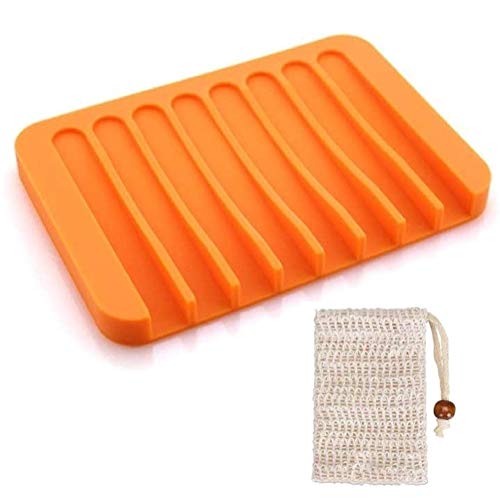 FülleMore Silikon Seifenschale mit Ablauf Selbstleerende Seifenhalter Seifenablage mit Seifensäckchen 14x9cm Leinen Seifenbeutel Schwammhalter für Bad Dusche Küche (Orange) von FülleMore