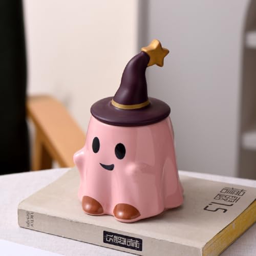 FülleMore Süße Cartoon 3D Geist Tasse Keramik Kaffeetasse Geister-Tasse mit Henxenhut Deckel Kaffeebecher Teetasse Geschenk für Frauen Männer Mödchen Junge (Rosa) von FülleMore