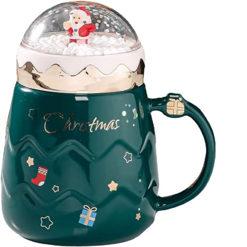 FülleMore Süße Weihnachtstasse Keramik Kaffeetasse mit Deckel und Griff Teetasse 500ml Milchbecher Geschenk 3D Weihnachtsmann Weihnachtsbecher für Heiß- & Kaltgetränke (Grün) von FülleMore