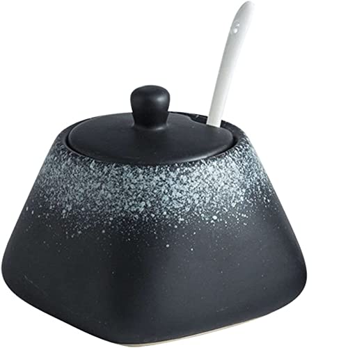 FülleMore Zuckerdose Gewürzdose Zuckerbehälter mit Deckel und löffel Salzdose Gewürzbehälter Vorratsdose 340ml Keramikdose für Gewürze Zucker Pfeffer Salz (Weiß und Schwarz) von FülleMore