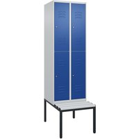 C+P Doppelstock-Spind Classic PLUS, 2 Abteile, HxBxT 2.120 x 600 x 815 mm, Zylinderschloss, untergebaute Bank aus Kunststoff, lichtgrau, enzianblau von C+P
