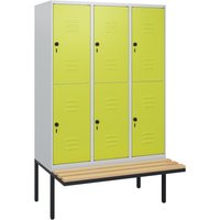 C+P Doppelstock-Spind Classic PLUS, 3 Abteile, HxBxT 1.950 x 1.200 x 815 mm, für Vorhängeschloss, auskragende Bank aus Buche, lichtgrau, clowngrün von C+P