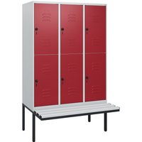 C+P Doppelstock-Spind Classic PLUS, 3 Abteile, HxBxT 1.950 x 1.200 x 815 mm, für Vorhängeschloss, auskragende Bank aus Kunststoff, lichtgrau, rubinrot C+P Doppelstock-Spind Classic PLUS, 3 Abteile, HxBxT 1.950 x 1.200 x 815 mm, für Vorhängeschloss, auskragende Bank aus Kunststoff, lichtgrau, rubinrot von C+P
