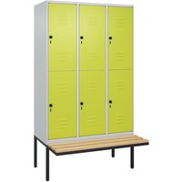 C+P Doppelstock-Spind Classic PLUS, 3 Abteile, HxBxT 2.120 x 1.200 x 815 mm, für Vorhängeschloss, auskragende Bank aus Buche, lichtgrau, clowngrün C+P Doppelstock-Spind Classic PLUS, 3 Abteile, HxBxT 2.120 x 1.200 x 815 mm, für Vorhängeschloss, auskragende Bank aus Buche, lichtgrau, clowngrün von C+P