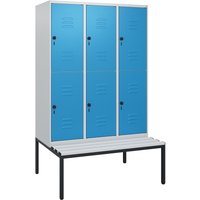 C+P Doppelstock-Spind Classic PLUS, 3 Abteile, HxBxT 1.950 x 1.200 x 815 mm, für Vorhängeschloss, untergebaute Bank aus Kunststoff, lichtgrau, lichtblau C+P Doppelstock-Spind Classic PLUS, 3 Abteile, HxBxT 1.950 x 1.200 x 815 mm, für Vorhängeschloss, untergebaute Bank aus Kunststoff, lichtgrau, lichtblau von C+P