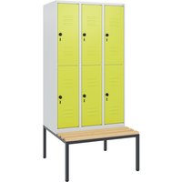 C+P Doppelstock-Spind Classic PLUS, 3 Abteile, HxBxT 1.950 x 900 x 815 mm, für Vorhängeschloss, untergebaute Bank aus Buche, lichtgrau, clowngrün von C+P