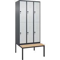 C+P Doppelstock-Spind Classic PLUS, 3 Abteile, HxBxT 2.120 x 900 x 815 mm, für Vorhängeschloss, untergebaute Bank aus Buche, anthrazitgrau, lichtgrau von C+P