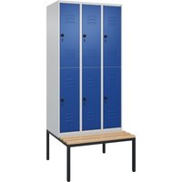 C+P Doppelstock-Spind Classic PLUS, 3 Abteile, HxBxT 2.120 x 900 x 815 mm, für Vorhängeschloss, untergebaute Bank aus Buche, lichtgrau, enzianblau von C+P